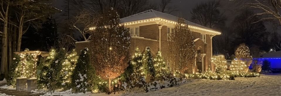 Warm white holiday lighting along a brick home's roofline and wrapped trees in the snow